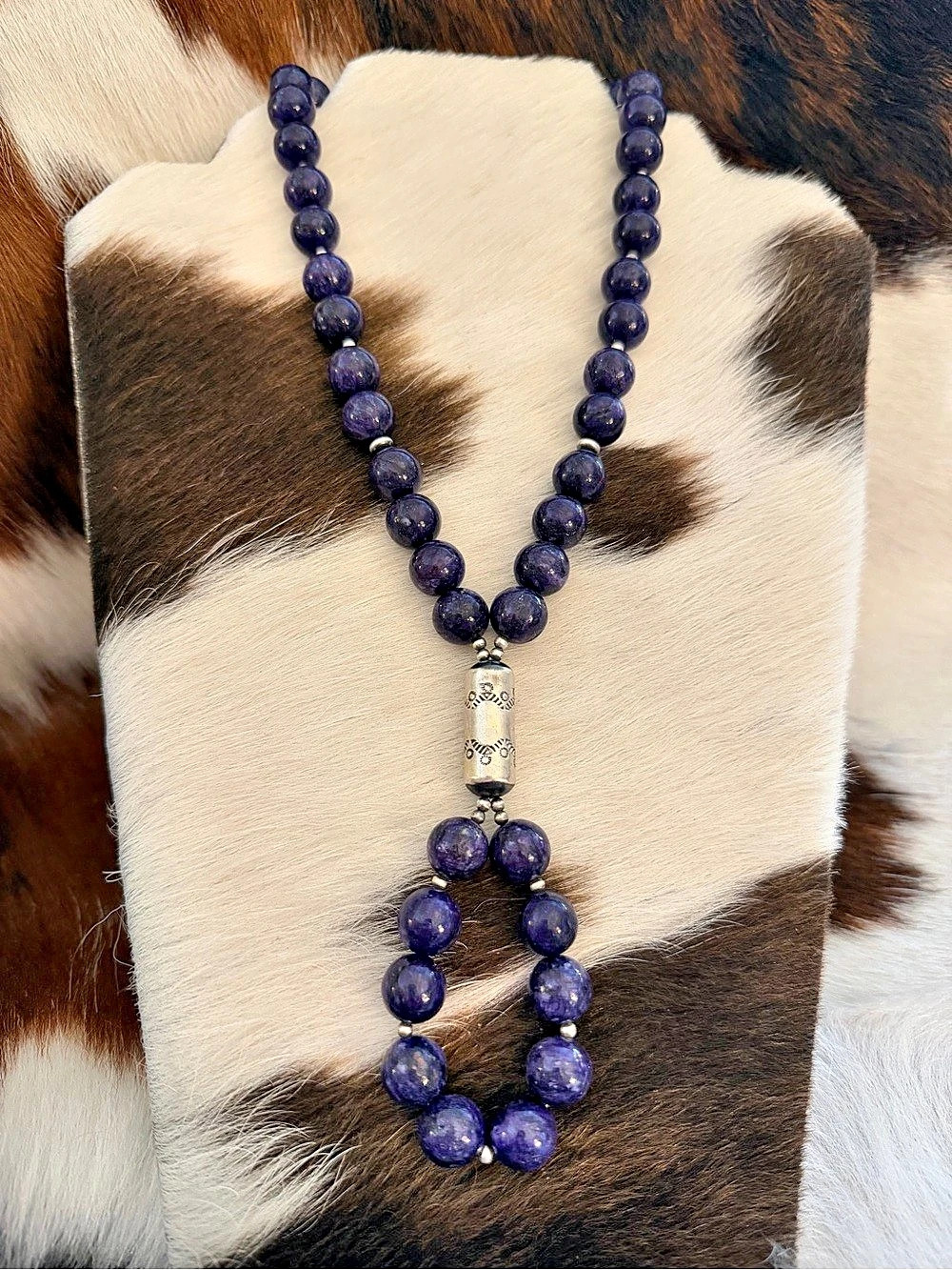 โค๏ธ Native Made Charoite Sterling Silver Desert Pearl Barrel Substantial Necklace